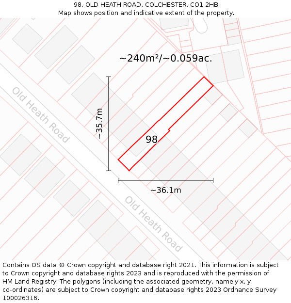 98, OLD HEATH ROAD, COLCHESTER, CO1 2HB: Plot and title map