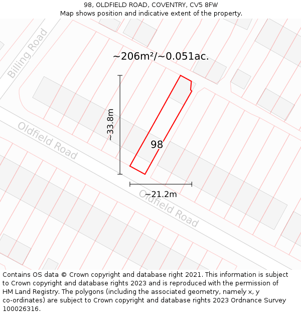 98, OLDFIELD ROAD, COVENTRY, CV5 8FW: Plot and title map