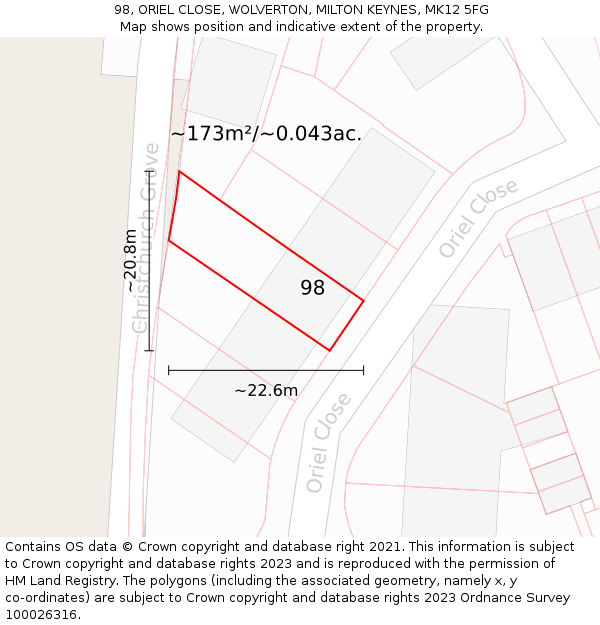 98, ORIEL CLOSE, WOLVERTON, MILTON KEYNES, MK12 5FG: Plot and title map