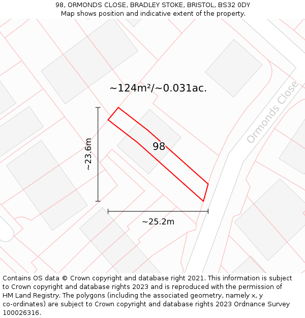 98, ORMONDS CLOSE, BRADLEY STOKE, BRISTOL, BS32 0DY: Plot and title map