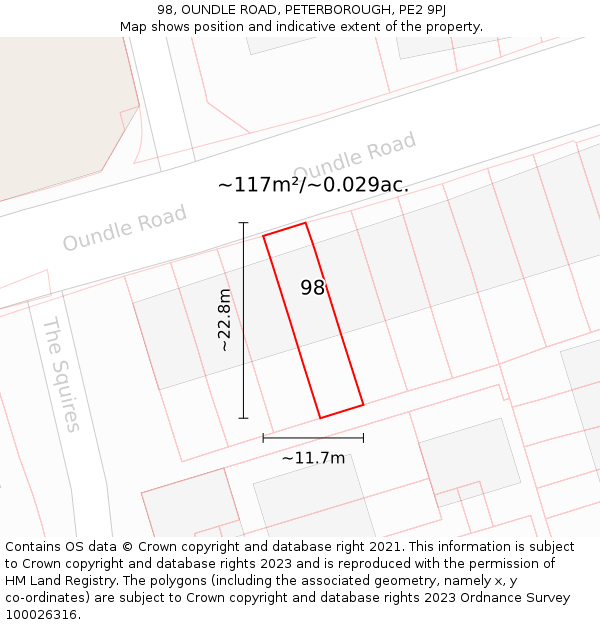 98, OUNDLE ROAD, PETERBOROUGH, PE2 9PJ: Plot and title map