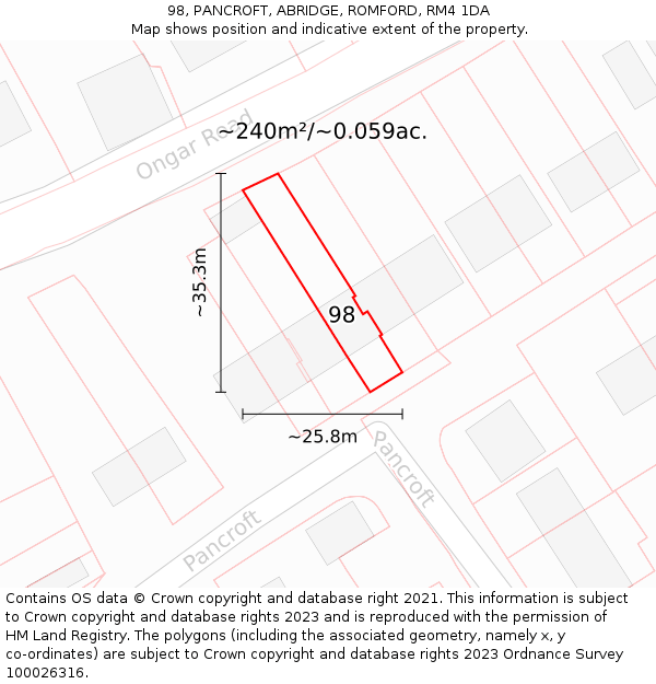 98, PANCROFT, ABRIDGE, ROMFORD, RM4 1DA: Plot and title map