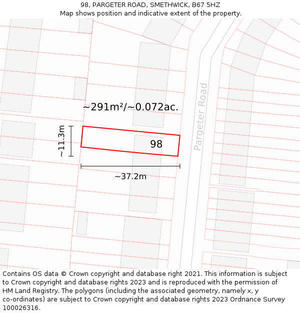 98, PARGETER ROAD, SMETHWICK, B67 5HZ: Plot and title map