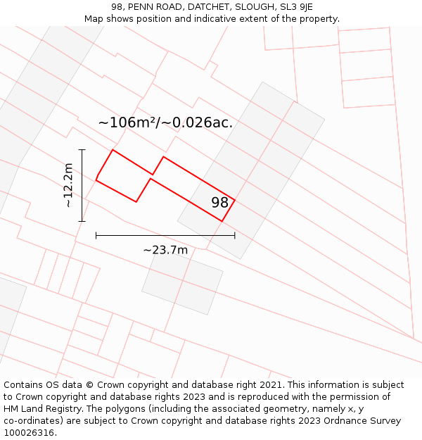 98, PENN ROAD, DATCHET, SLOUGH, SL3 9JE: Plot and title map