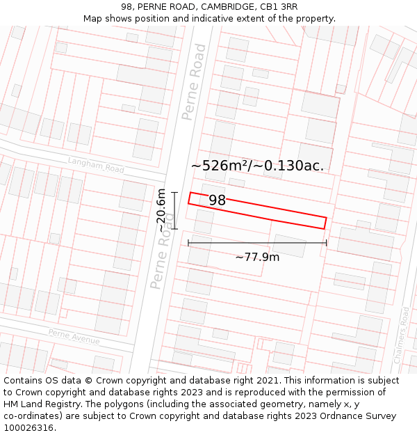 98, PERNE ROAD, CAMBRIDGE, CB1 3RR: Plot and title map