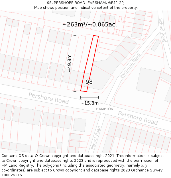 98, PERSHORE ROAD, EVESHAM, WR11 2PJ: Plot and title map