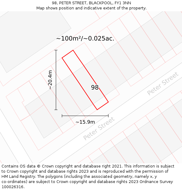 98, PETER STREET, BLACKPOOL, FY1 3NN: Plot and title map
