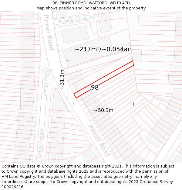 98, PINNER ROAD, WATFORD, WD19 4EH: Plot and title map