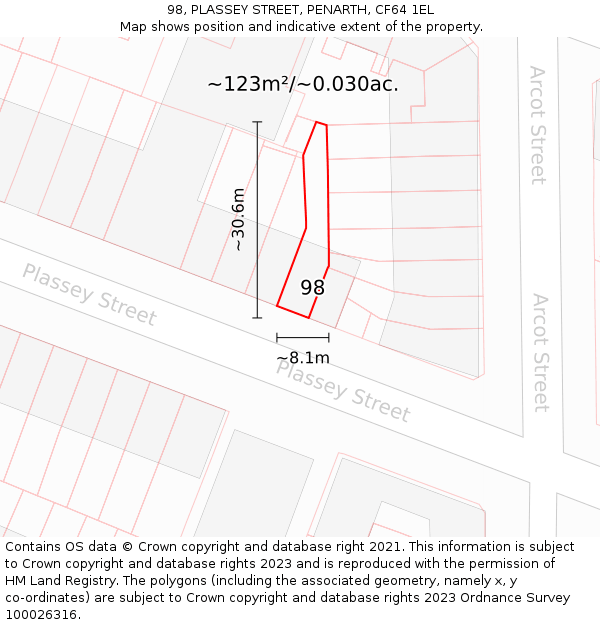 98, PLASSEY STREET, PENARTH, CF64 1EL: Plot and title map