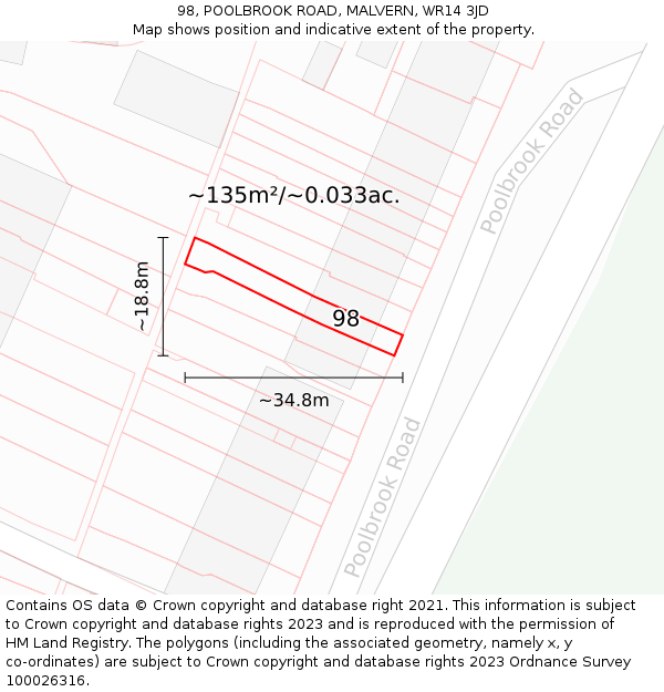 98, POOLBROOK ROAD, MALVERN, WR14 3JD: Plot and title map