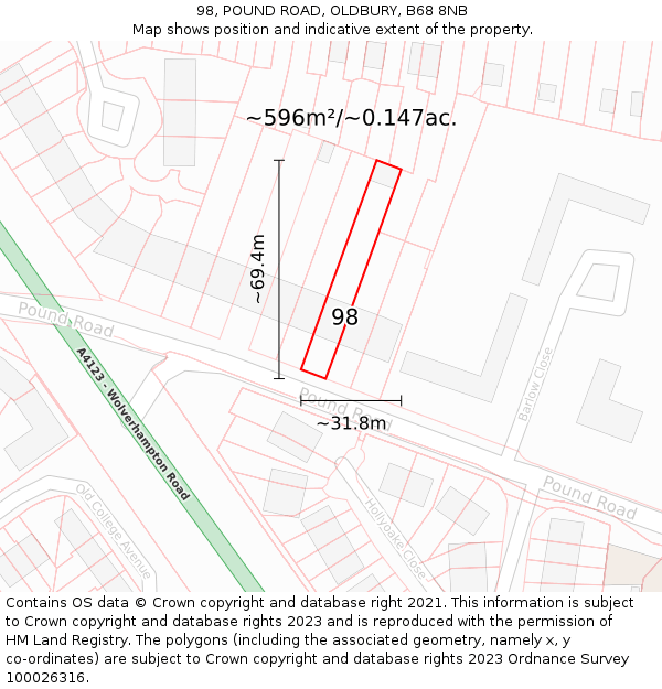 98, POUND ROAD, OLDBURY, B68 8NB: Plot and title map