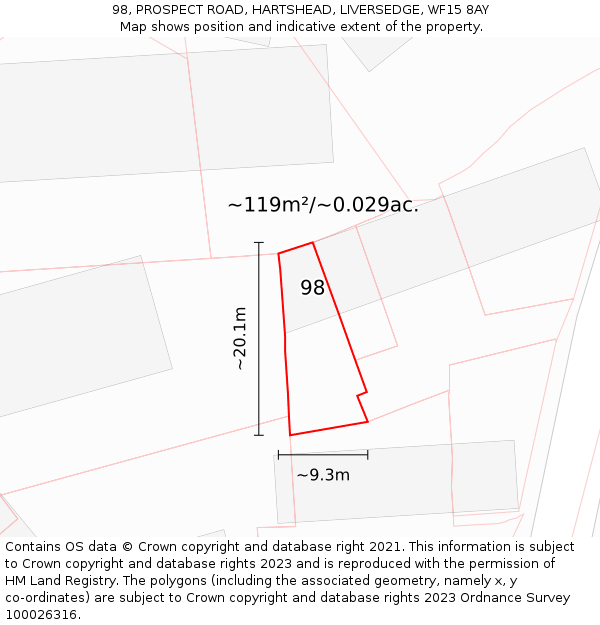98, PROSPECT ROAD, HARTSHEAD, LIVERSEDGE, WF15 8AY: Plot and title map