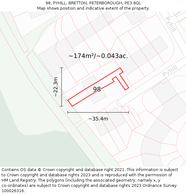 98, PYHILL, BRETTON, PETERBOROUGH, PE3 8QL: Plot and title map