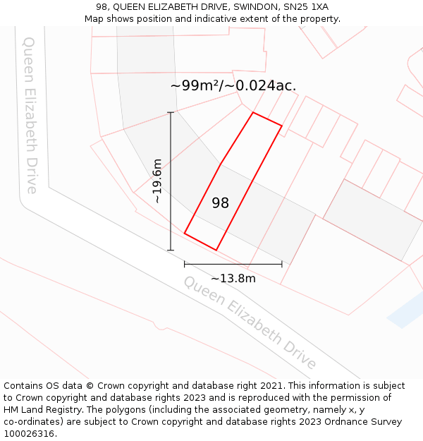 98, QUEEN ELIZABETH DRIVE, SWINDON, SN25 1XA: Plot and title map