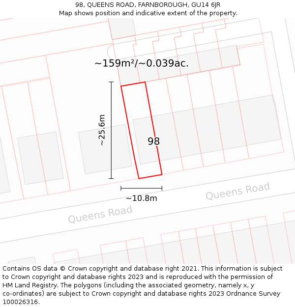 98, QUEENS ROAD, FARNBOROUGH, GU14 6JR: Plot and title map