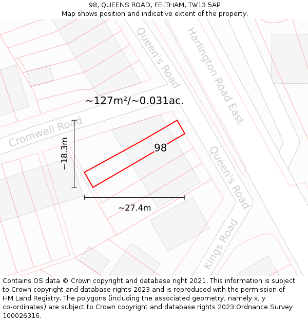 98, QUEENS ROAD, FELTHAM, TW13 5AP: Plot and title map