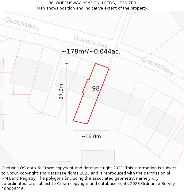 98, QUEENSWAY, YEADON, LEEDS, LS19 7PB: Plot and title map