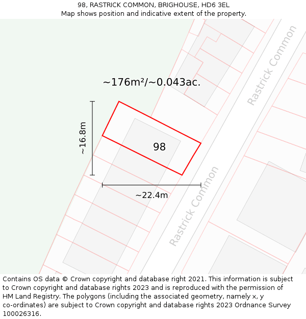 98, RASTRICK COMMON, BRIGHOUSE, HD6 3EL: Plot and title map
