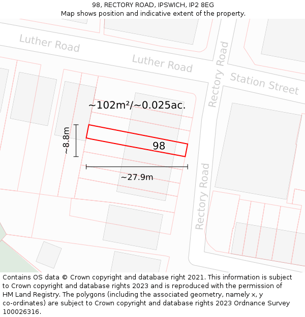 98, RECTORY ROAD, IPSWICH, IP2 8EG: Plot and title map