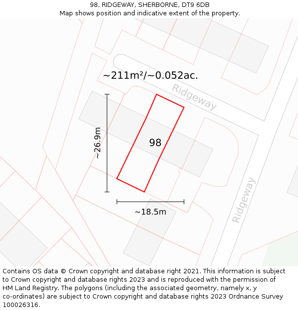 98, RIDGEWAY, SHERBORNE, DT9 6DB: Plot and title map