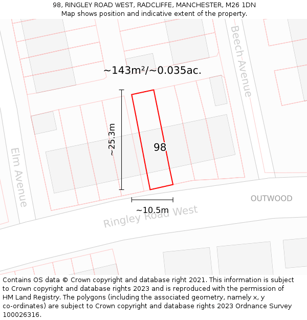 98, RINGLEY ROAD WEST, RADCLIFFE, MANCHESTER, M26 1DN: Plot and title map