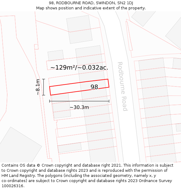 98, RODBOURNE ROAD, SWINDON, SN2 1DJ: Plot and title map