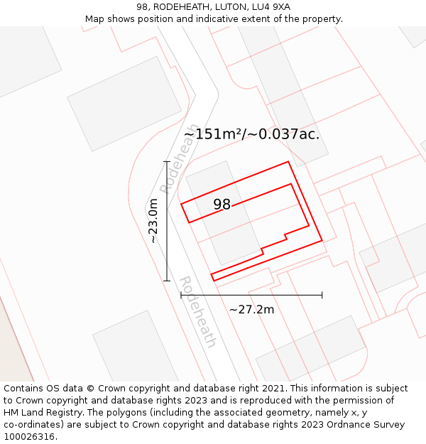98, RODEHEATH, LUTON, LU4 9XA: Plot and title map