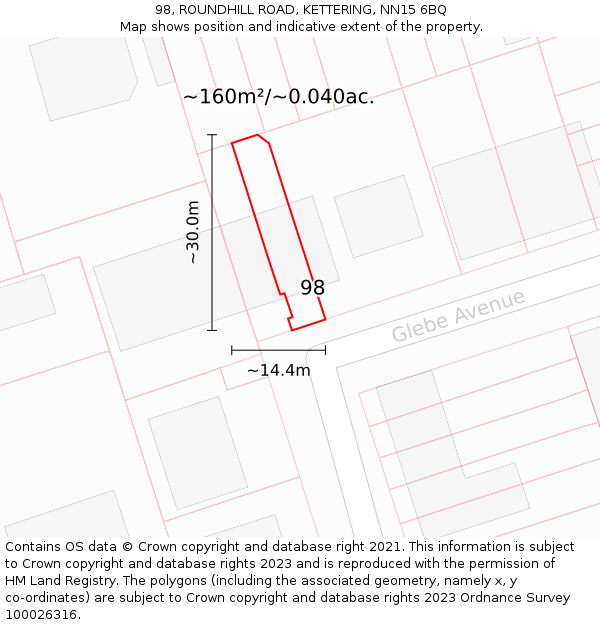 98, ROUNDHILL ROAD, KETTERING, NN15 6BQ: Plot and title map