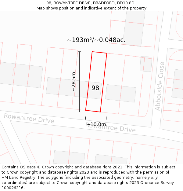 98, ROWANTREE DRIVE, BRADFORD, BD10 8DH: Plot and title map