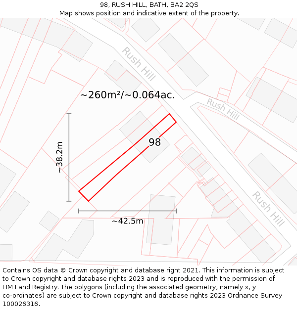 98, RUSH HILL, BATH, BA2 2QS: Plot and title map