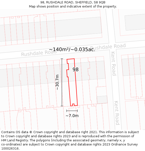 98, RUSHDALE ROAD, SHEFFIELD, S8 9QB: Plot and title map