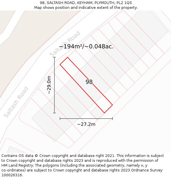 98, SALTASH ROAD, KEYHAM, PLYMOUTH, PL2 1QS: Plot and title map