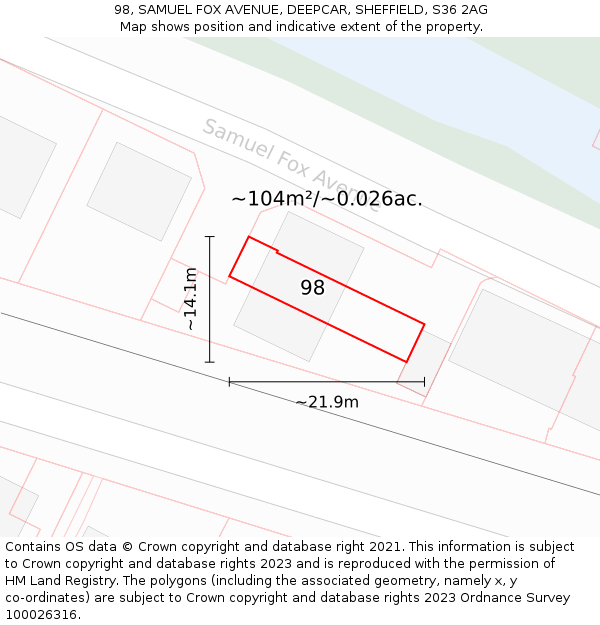 98, SAMUEL FOX AVENUE, DEEPCAR, SHEFFIELD, S36 2AG: Plot and title map