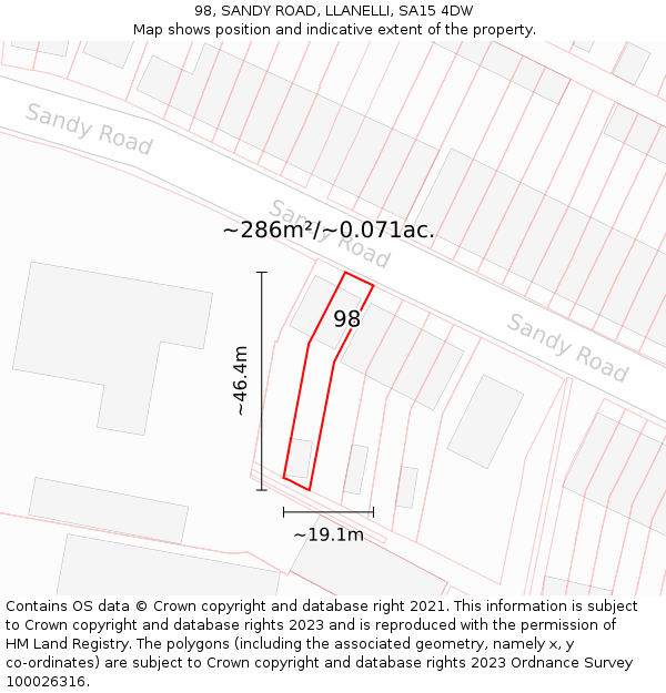 98, SANDY ROAD, LLANELLI, SA15 4DW: Plot and title map