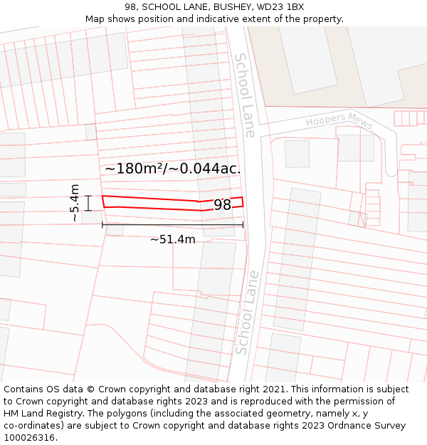 98, SCHOOL LANE, BUSHEY, WD23 1BX: Plot and title map