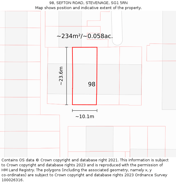 98, SEFTON ROAD, STEVENAGE, SG1 5RN: Plot and title map