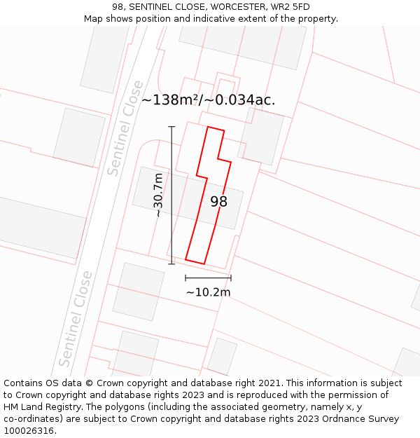 98, SENTINEL CLOSE, WORCESTER, WR2 5FD: Plot and title map