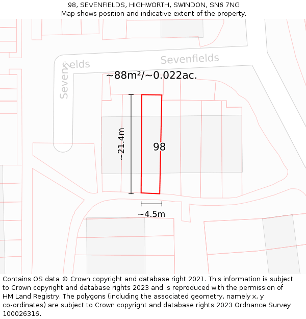 98, SEVENFIELDS, HIGHWORTH, SWINDON, SN6 7NG: Plot and title map