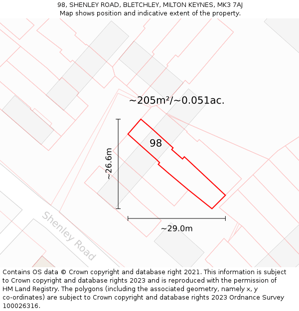 98, SHENLEY ROAD, BLETCHLEY, MILTON KEYNES, MK3 7AJ: Plot and title map