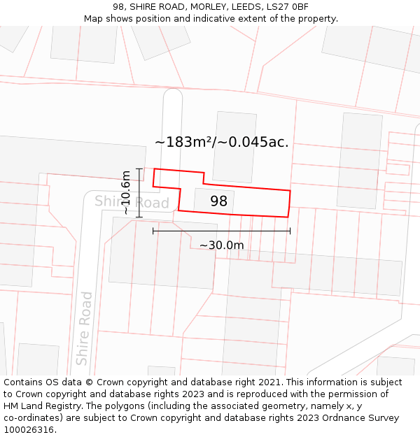 98, SHIRE ROAD, MORLEY, LEEDS, LS27 0BF: Plot and title map