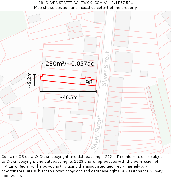 98, SILVER STREET, WHITWICK, COALVILLE, LE67 5EU: Plot and title map
