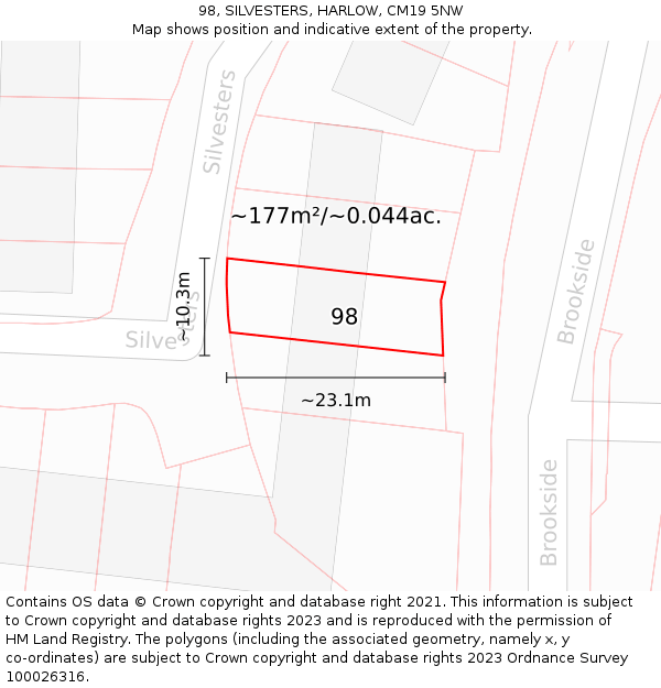 98, SILVESTERS, HARLOW, CM19 5NW: Plot and title map