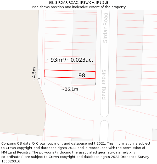 98, SIRDAR ROAD, IPSWICH, IP1 2LB: Plot and title map