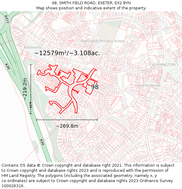 98, SMITH FIELD ROAD, EXETER, EX2 8YN: Plot and title map