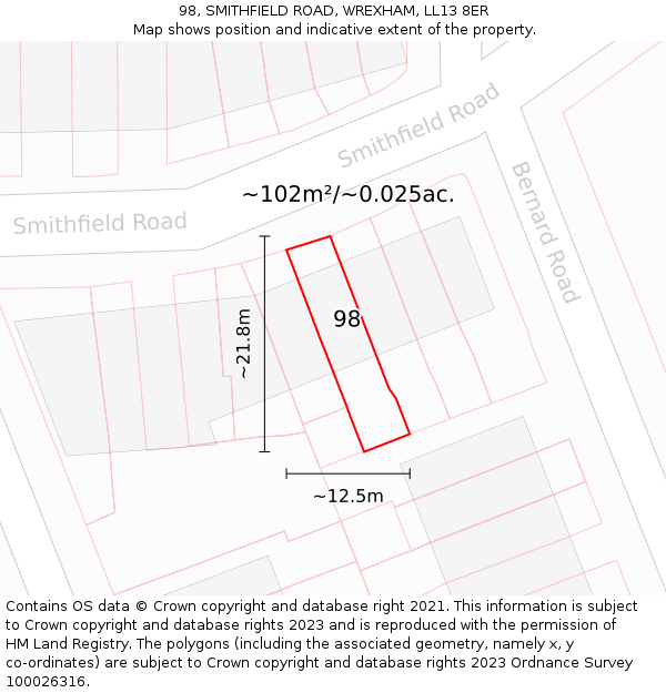 98, SMITHFIELD ROAD, WREXHAM, LL13 8ER: Plot and title map
