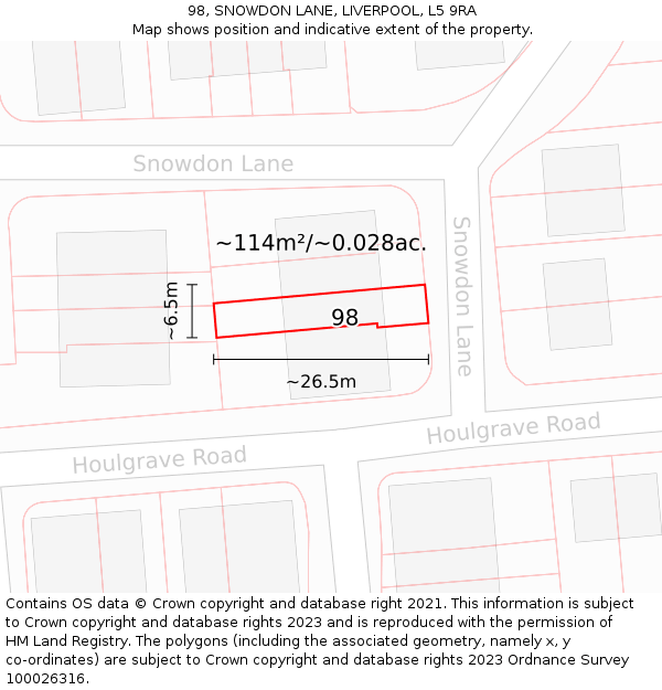 98, SNOWDON LANE, LIVERPOOL, L5 9RA: Plot and title map