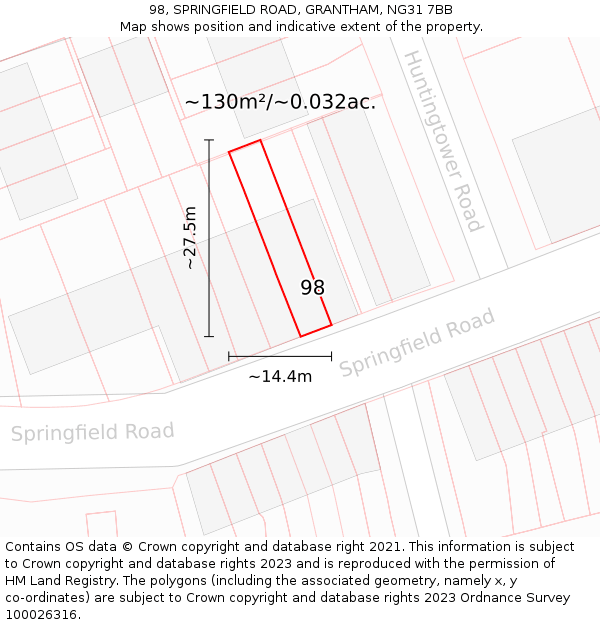 98, SPRINGFIELD ROAD, GRANTHAM, NG31 7BB: Plot and title map