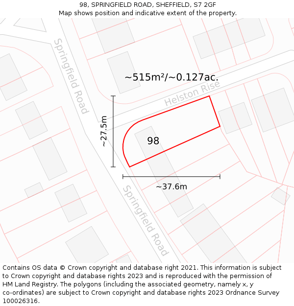 98, SPRINGFIELD ROAD, SHEFFIELD, S7 2GF: Plot and title map