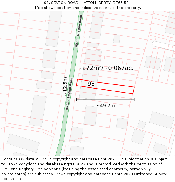 98, STATION ROAD, HATTON, DERBY, DE65 5EH: Plot and title map