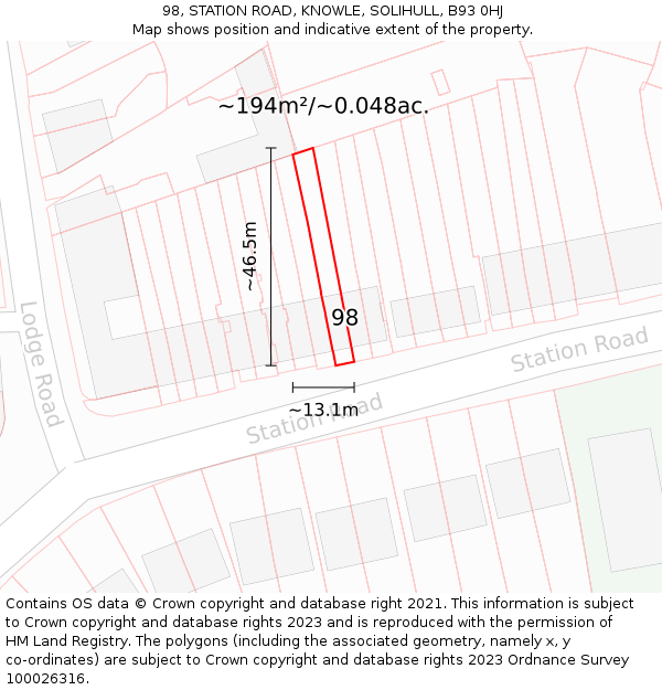 98, STATION ROAD, KNOWLE, SOLIHULL, B93 0HJ: Plot and title map